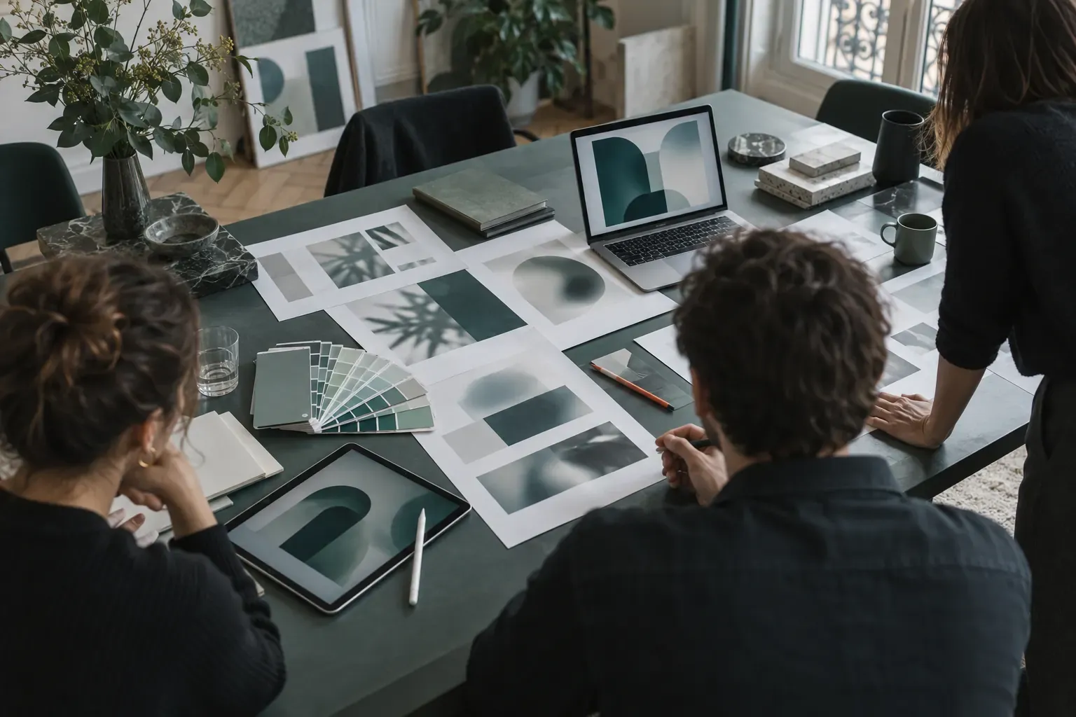 Équipe d’agence autour d’une grande table couverte d’épreuves imprimées, avec nuancier, tablette et ordinateur portable