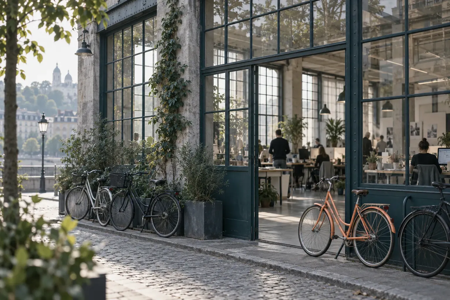Façade vitrée d’un ancien bâtiment industriel devenu atelier de création, vélos garés devant