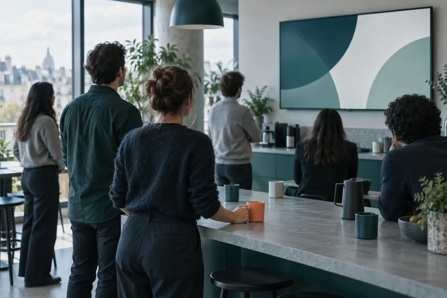 Salariés de dos réunis dans la cuisine d’un bureau devant un grand écran de présentation