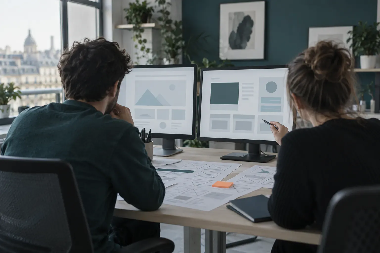 Développeur et designer de dos devant une maquette de site sur deux écrans, maquettes papier sur le bureau