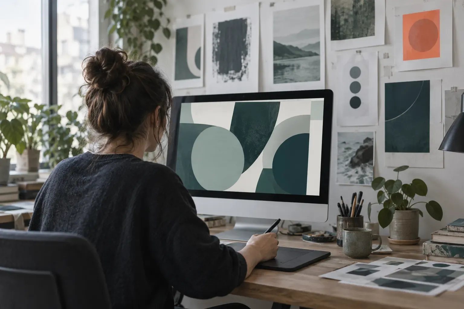 Graphiste de dos devant un grand écran de mise en page, tablette graphique et épreuves épinglées au mur