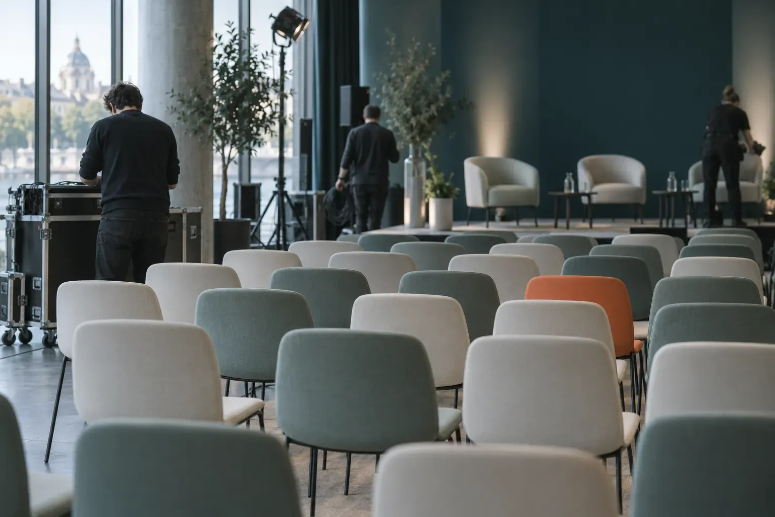Salle de conférence en préparation : rangées de chaises vides face à une petite scène éclairée, techniciens de dos