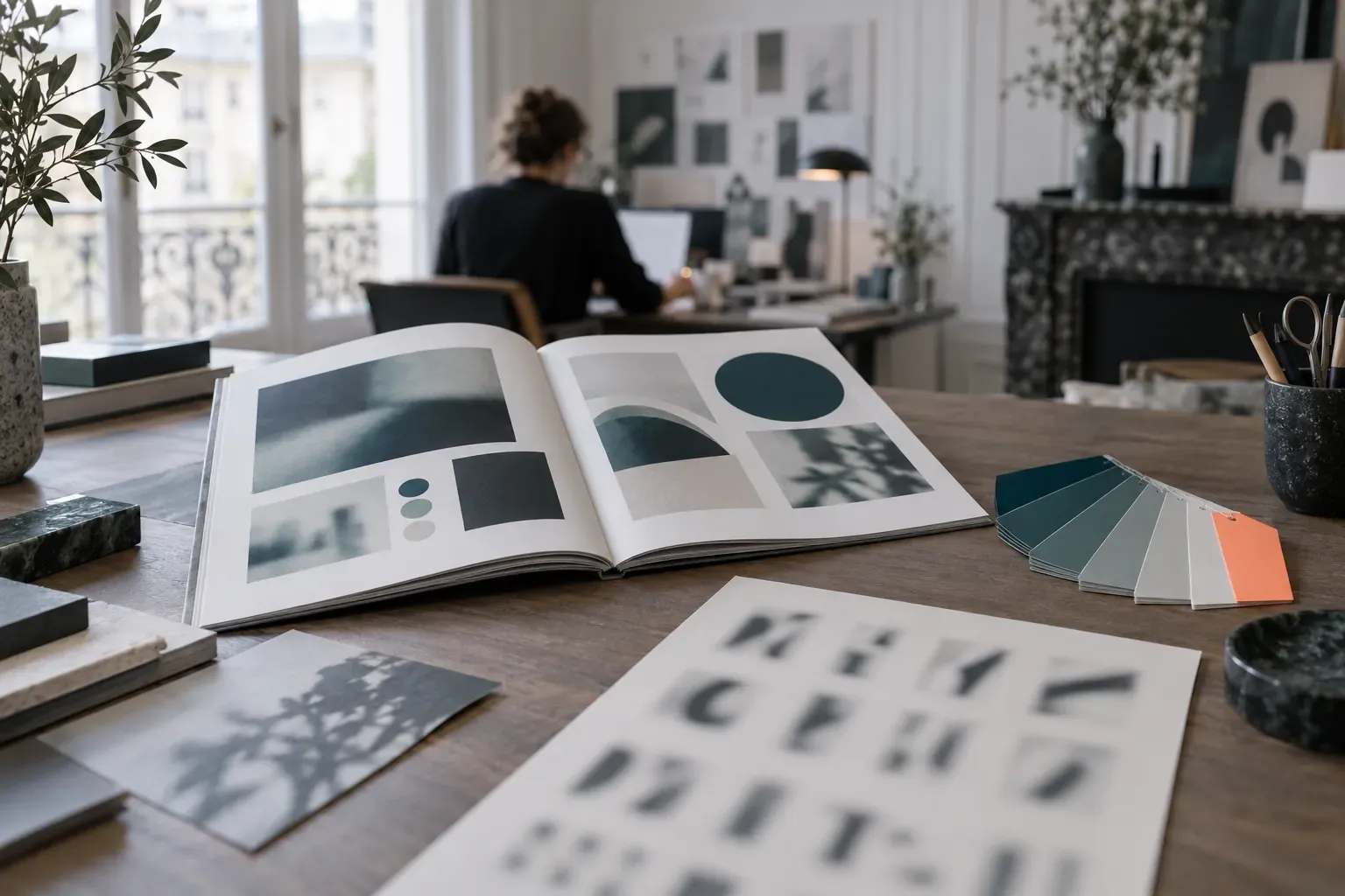 Bureau de graphiste : charte de marque imprimée ouverte, nuancier et planche de caractères