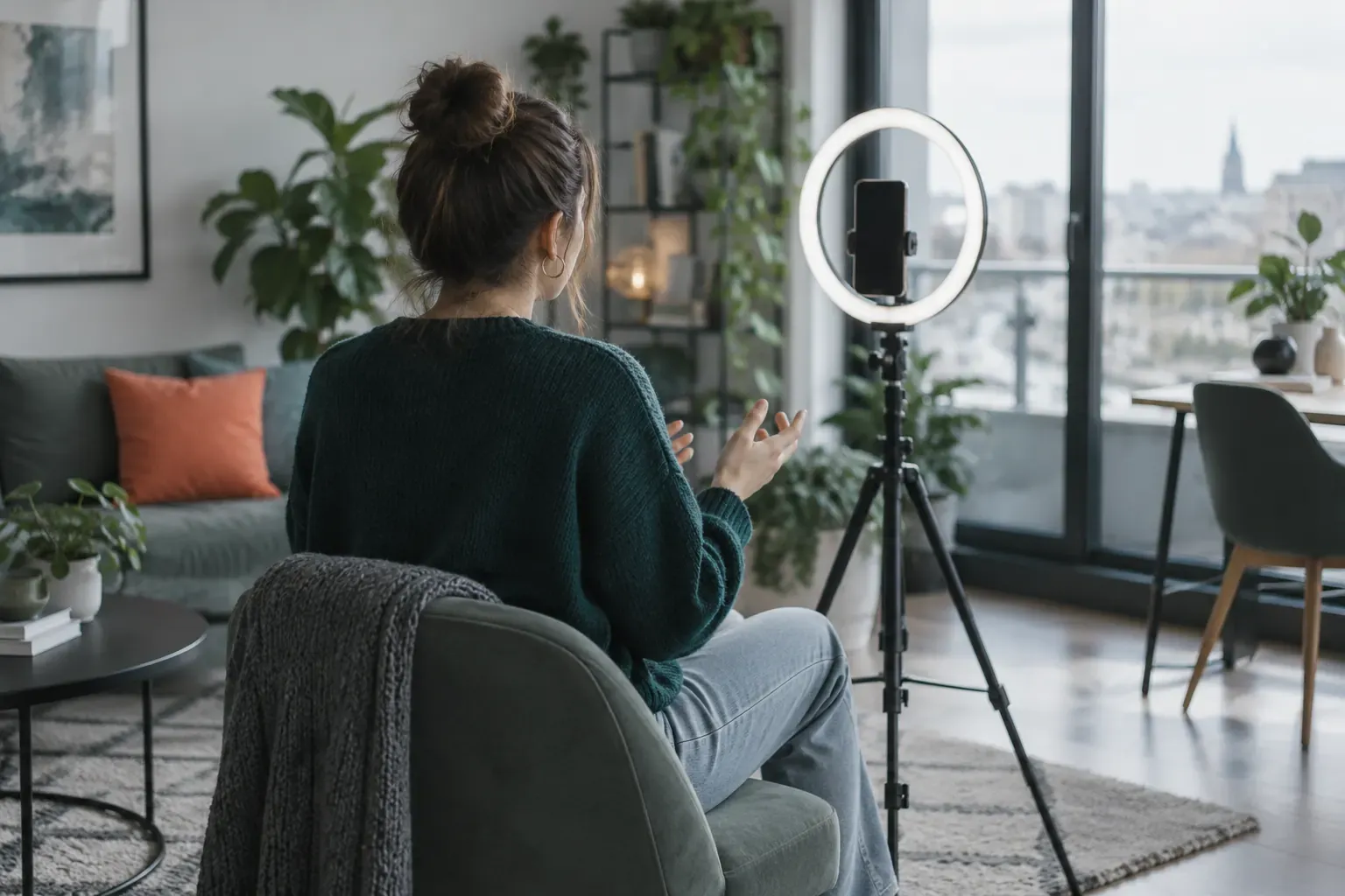 Jeune créateur de dos devant un anneau lumineux et un smartphone sur trépied, dans un appartement clair