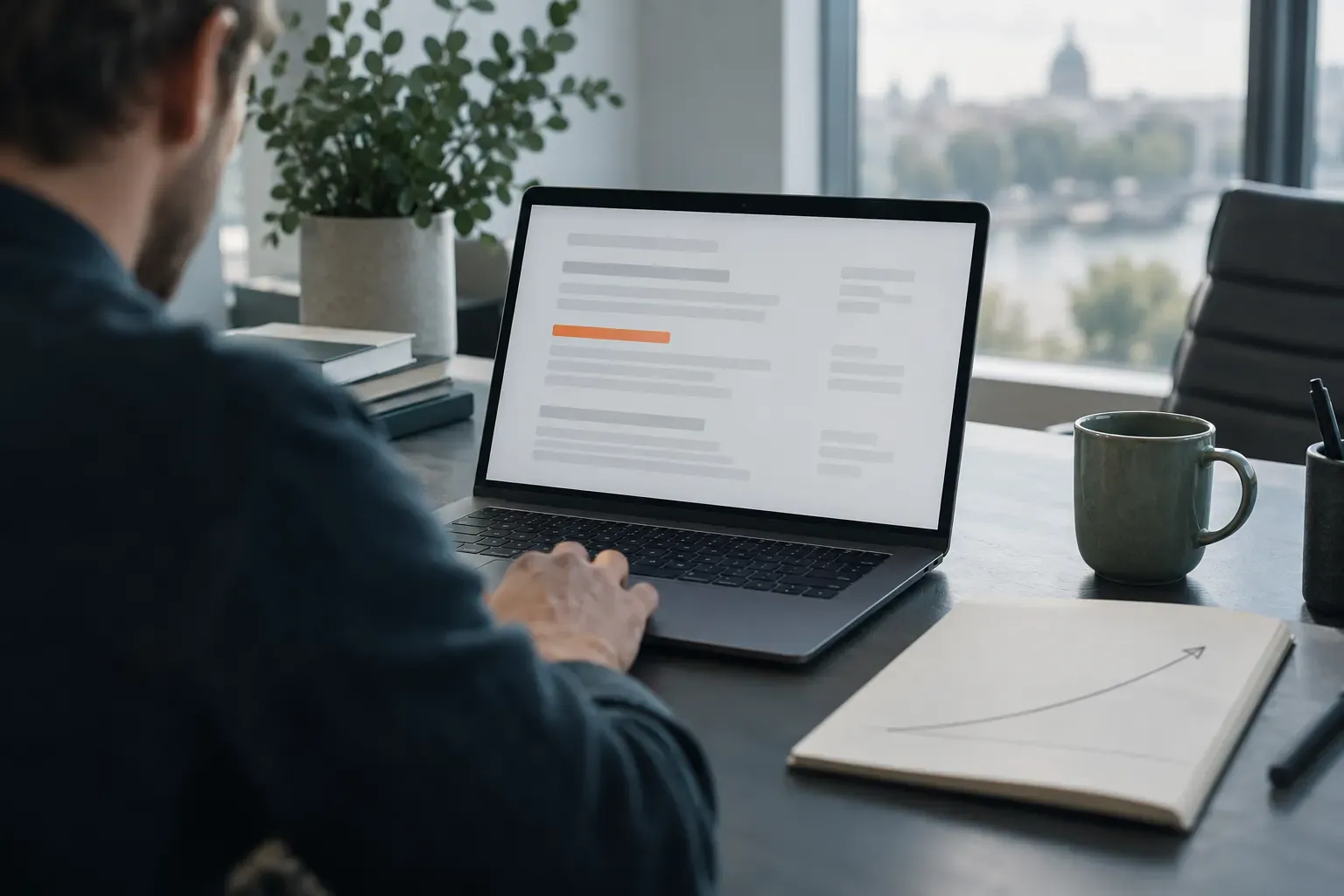 Ordinateur portable affichant une page de résultats de recherche stylisée, carnet ouvert et tasse sur le bureau