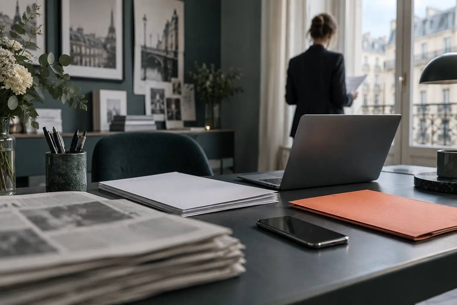Bureau d’attaché de presse : pile de journaux, dossier de presse imprimé, téléphone et ordinateur