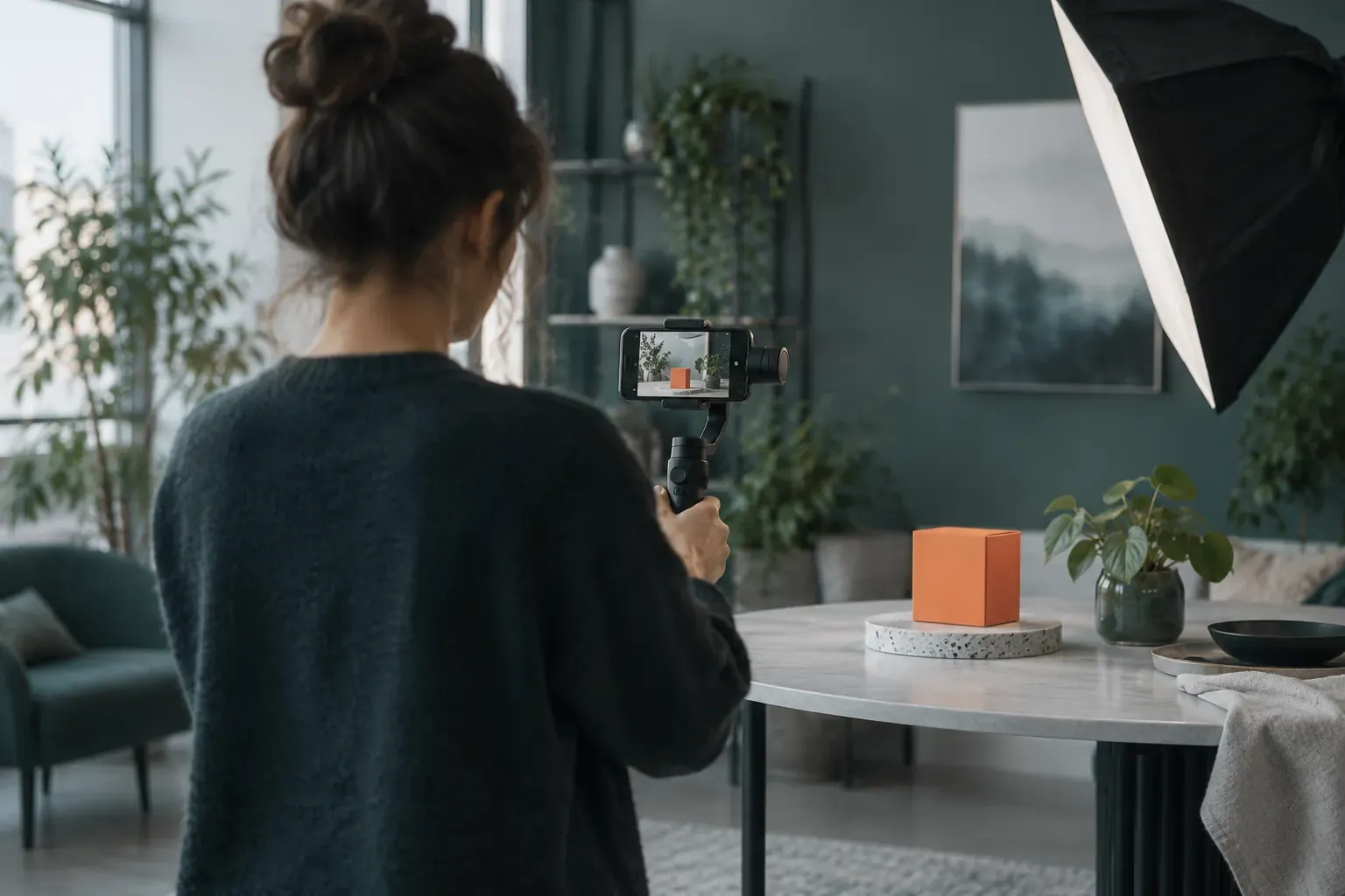 Créatrice de contenus de dos filmant un objet au smartphone sur stabilisateur, boîte à lumière en surplomb