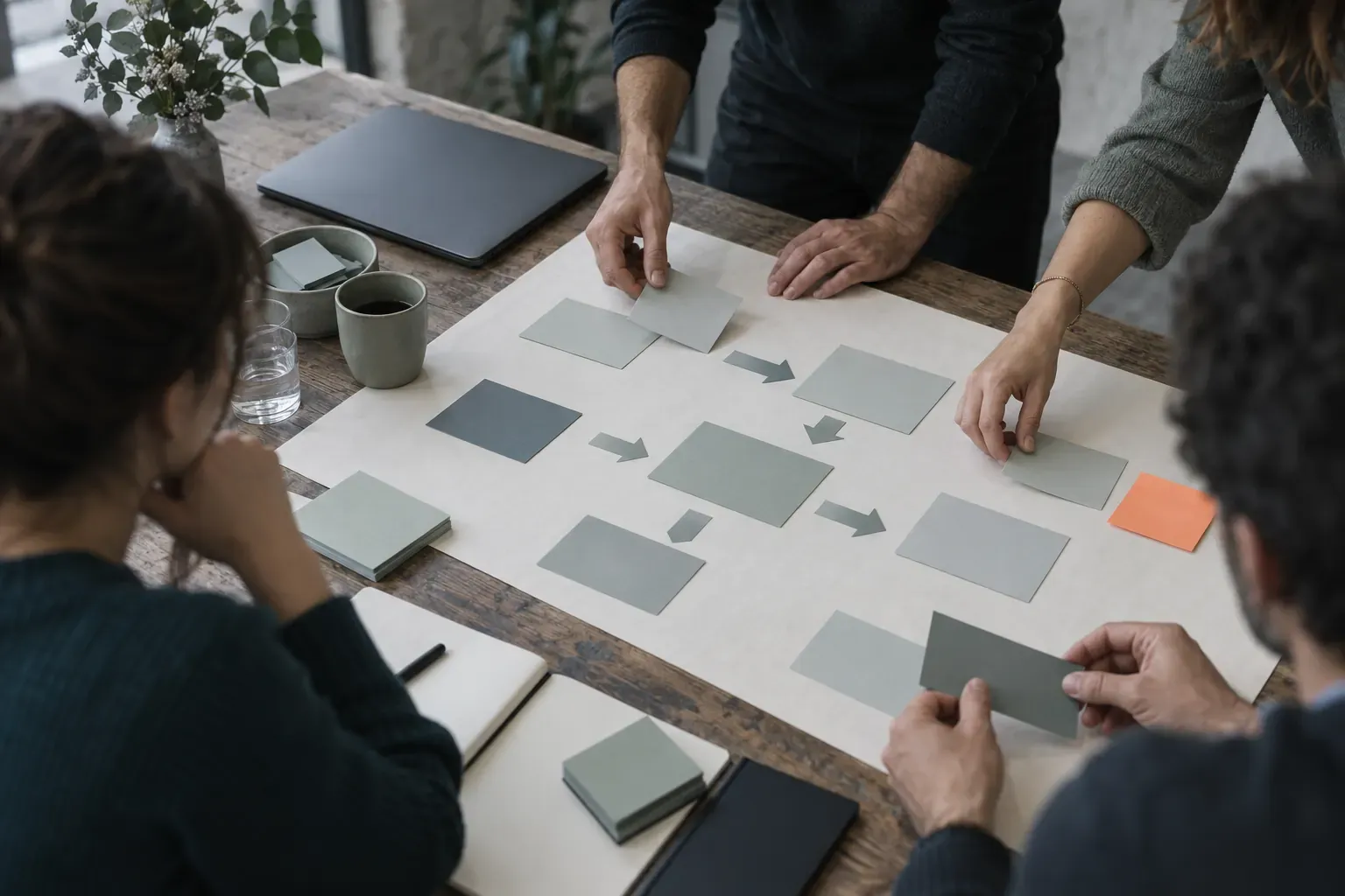 Atelier de stratégie vu du dessus : mains disposant des cartes et des flèches sur une grande feuille
