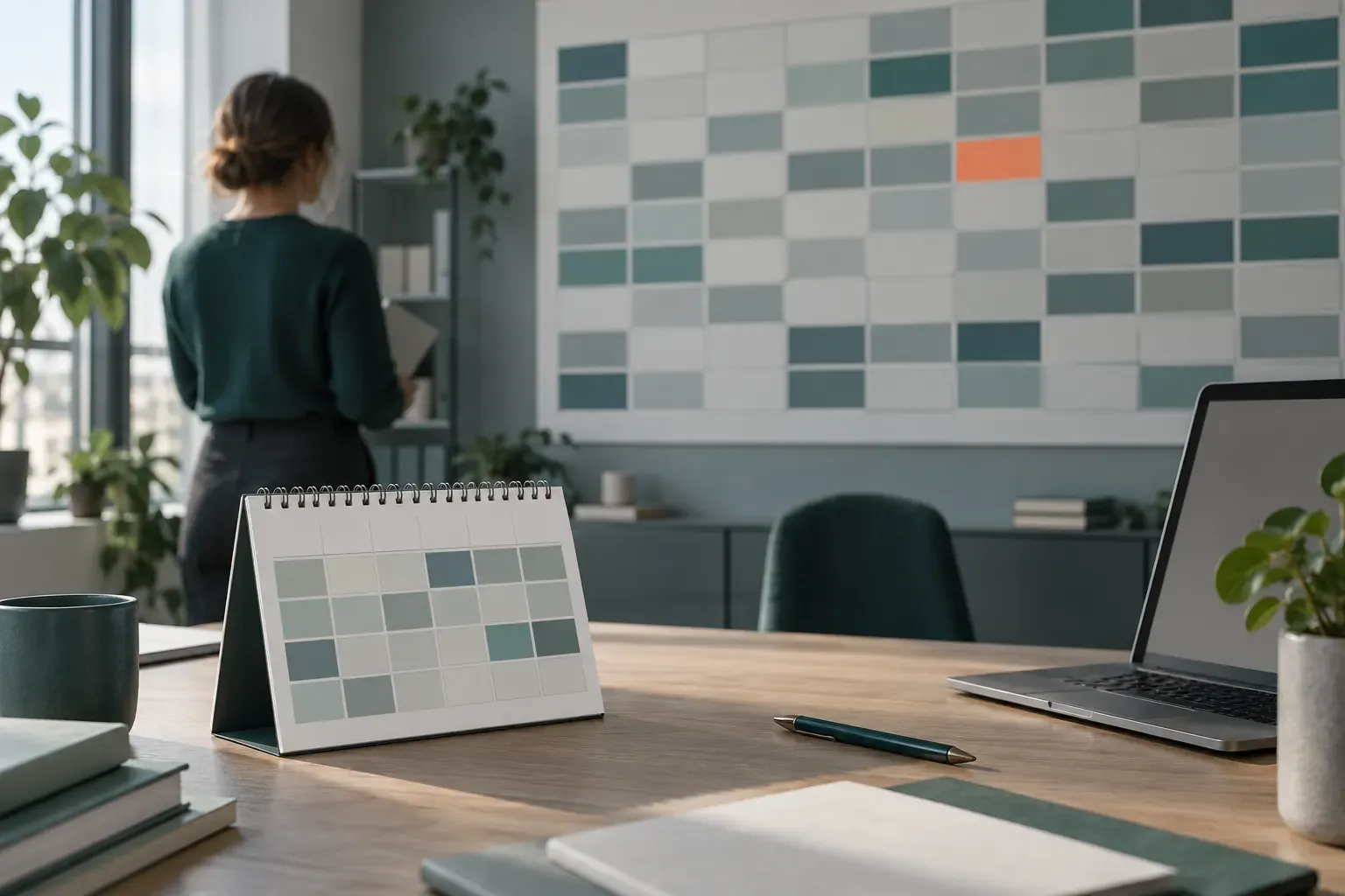 Planning annuel mural à blocs de couleur et calendrier de bureau, une personne de dos devant le mur
