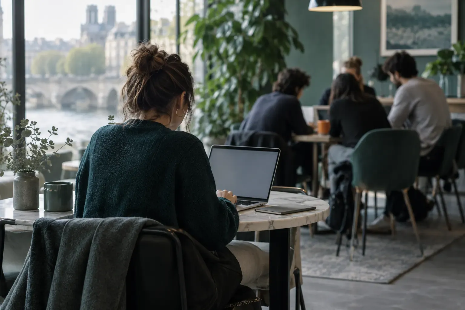 Indépendante de dos travaillant seule à une table de café, petite équipe réunie en arrière-plan