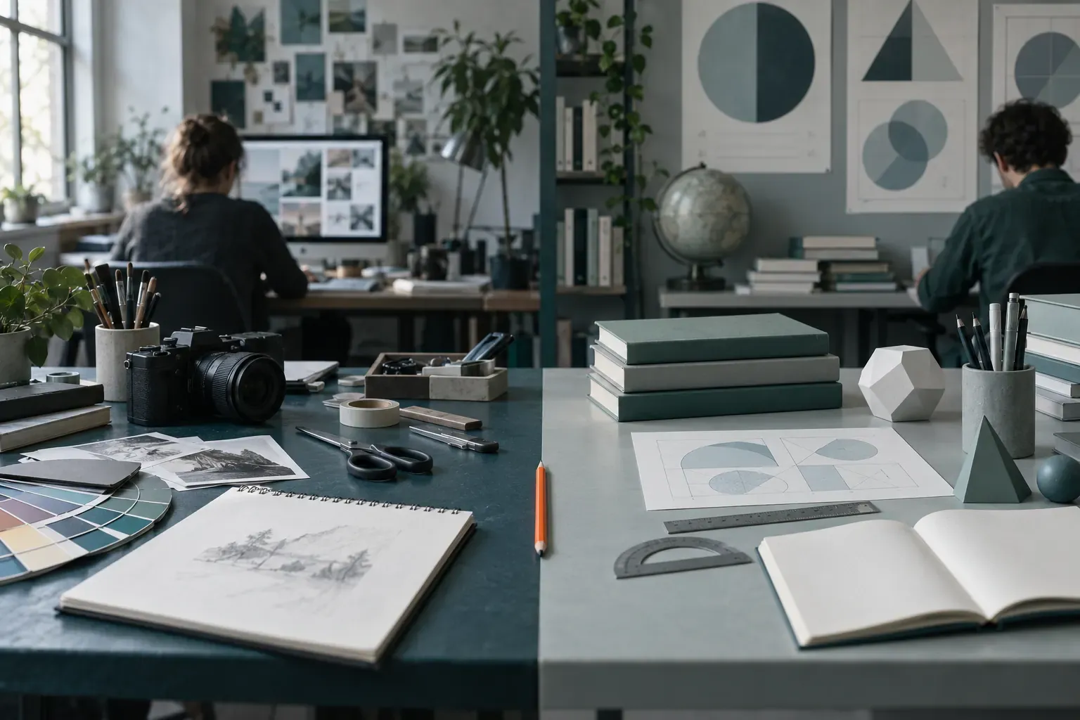 Deux tables accolées : l’une couverte d’outils variés (appareil photo, nuancier, croquis), l’autre de livres, d’équerres et de formes géométriques