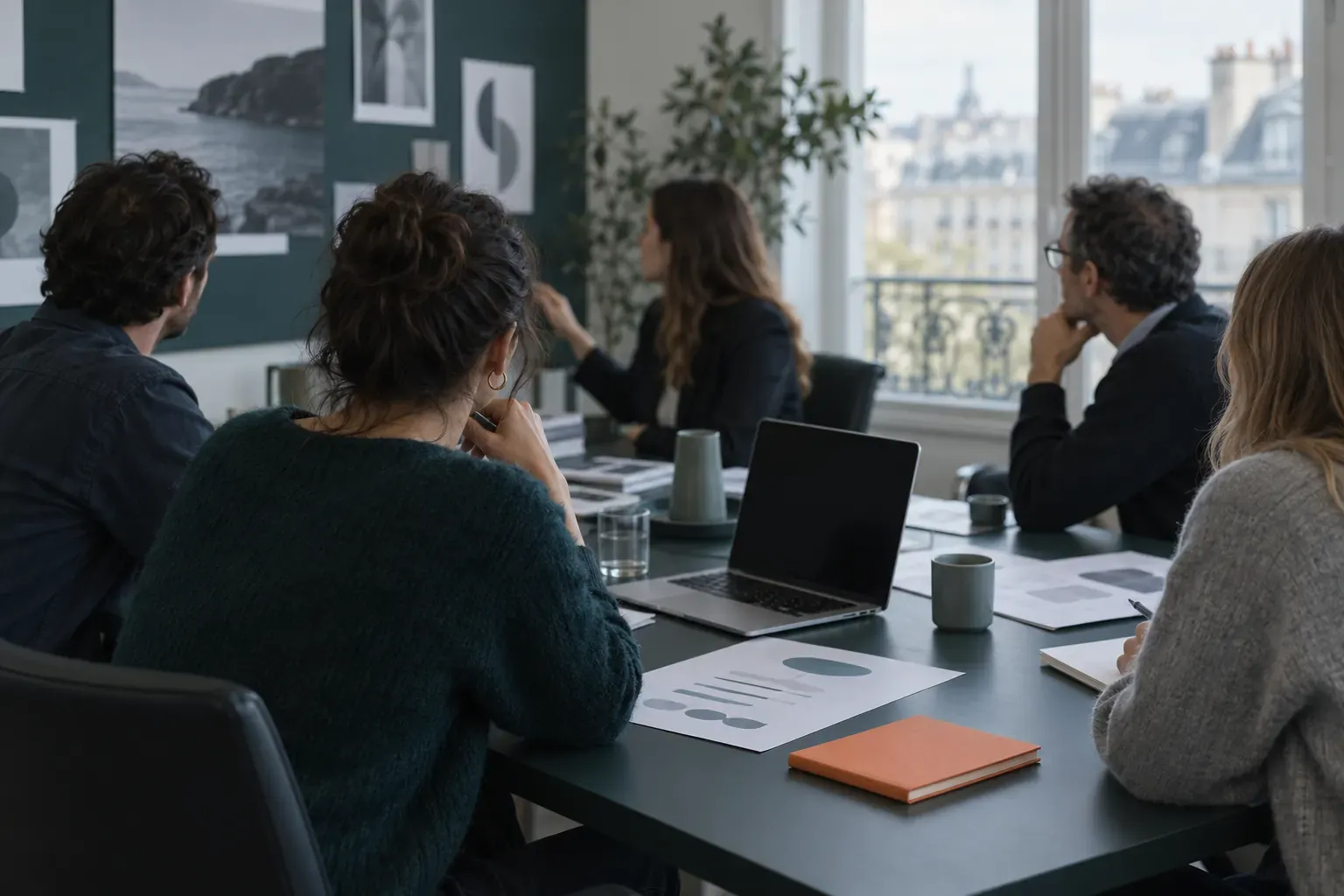 Réunion de brief : annonceur et agence de dos autour d’une table, brief imprimé et ordinateur