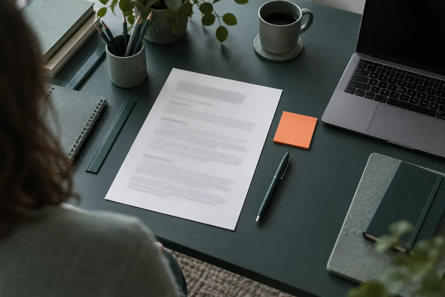 Bureau vu du dessus : brief imprimé, stylo, carnet, tasse et ordinateur portable