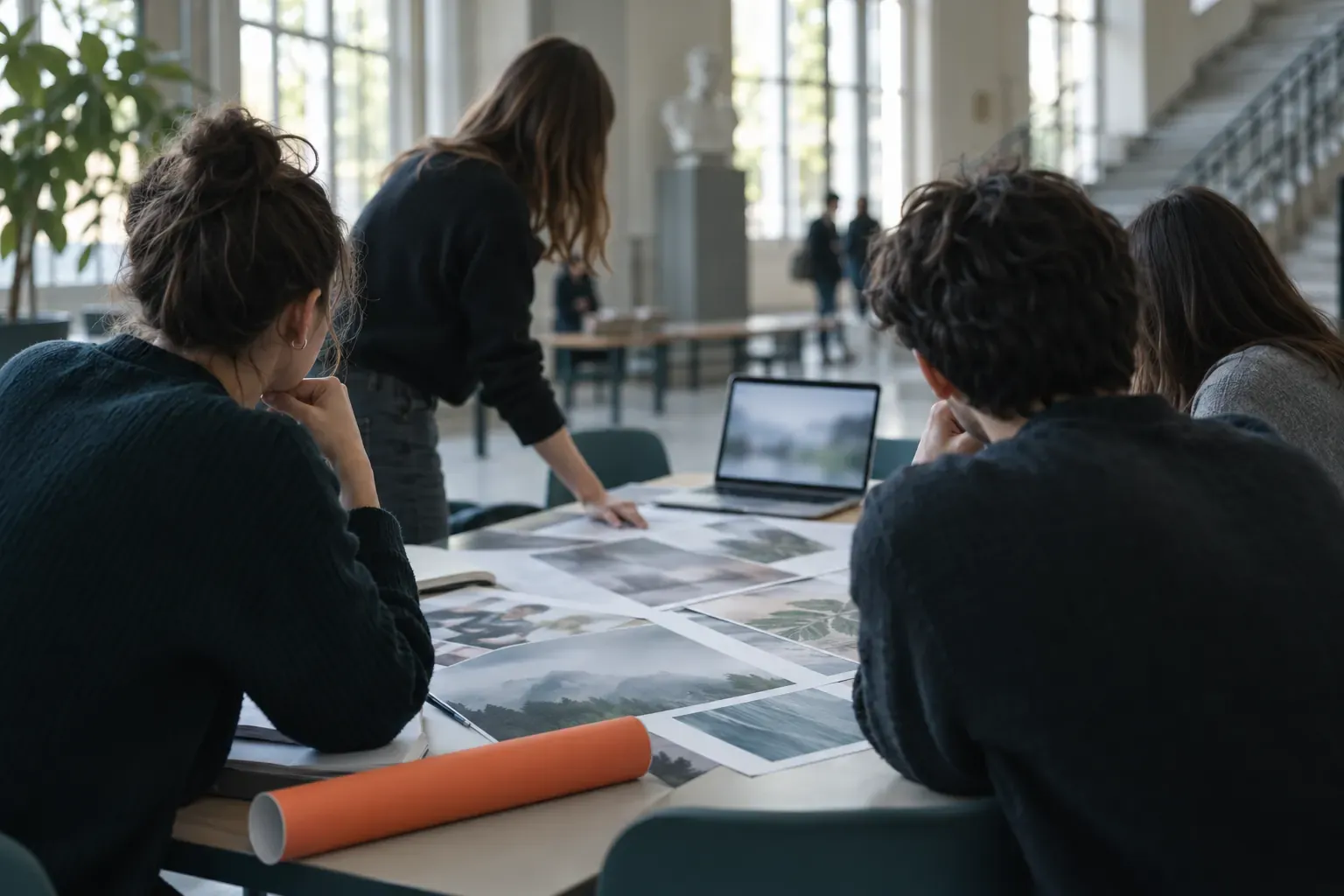 Équipe préparant une campagne autour d’une table couverte d’affiches imprimées, dans un hall clair bordé de livres