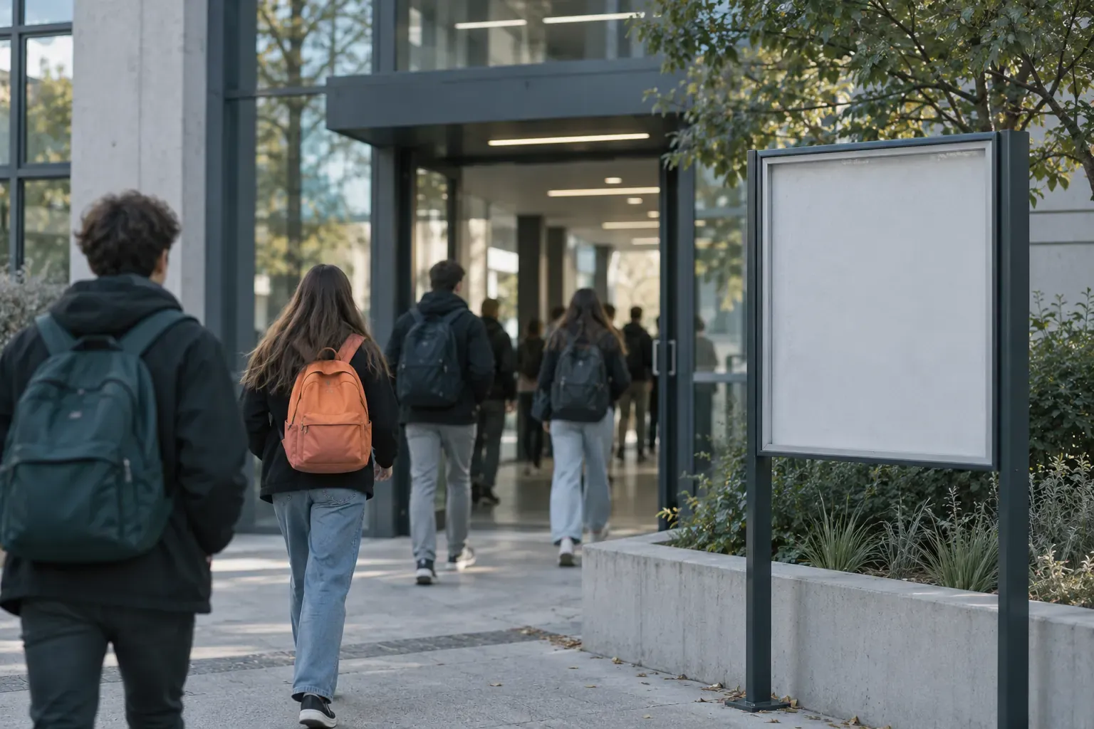 Entrée d’un collège au matin, panneau d’affichage vierge, élèves de dos qui entrent