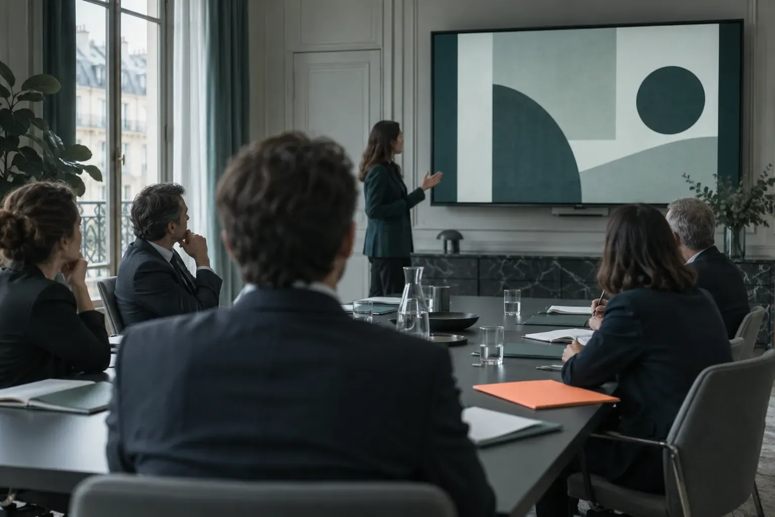 Jury de dos écoutant une soutenance d’agence projetée sur grand écran, dossiers sur la table