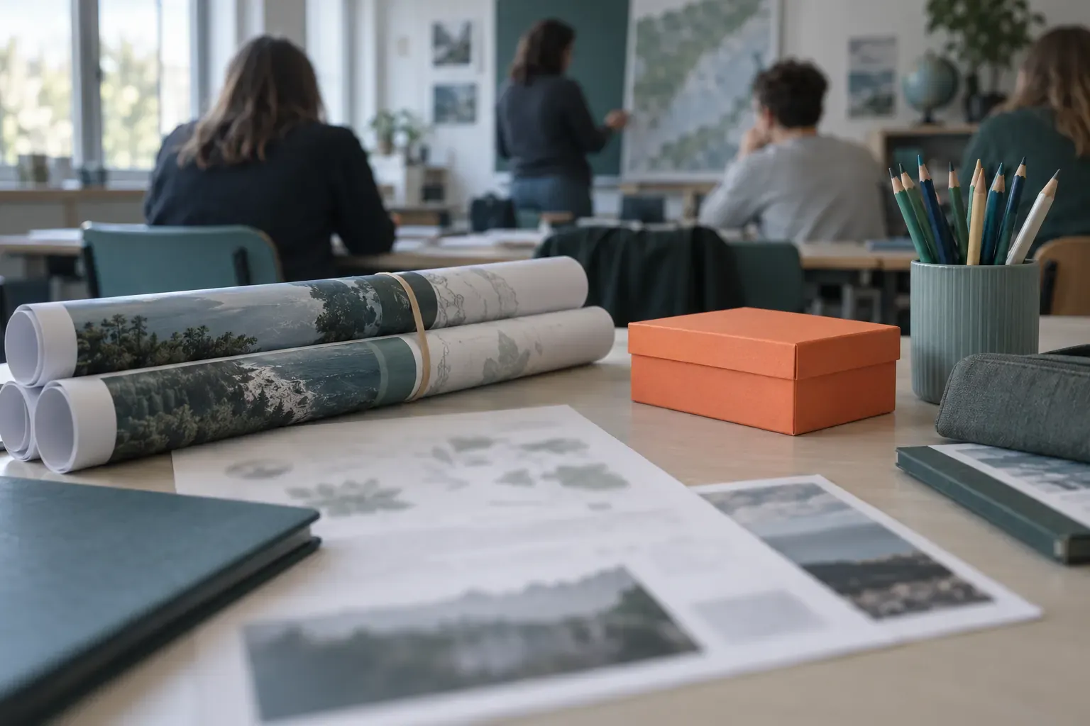 Kit pédagogique imprimé sur une table de classe : affiches roulées, fiches d’exercices et crayons de couleur