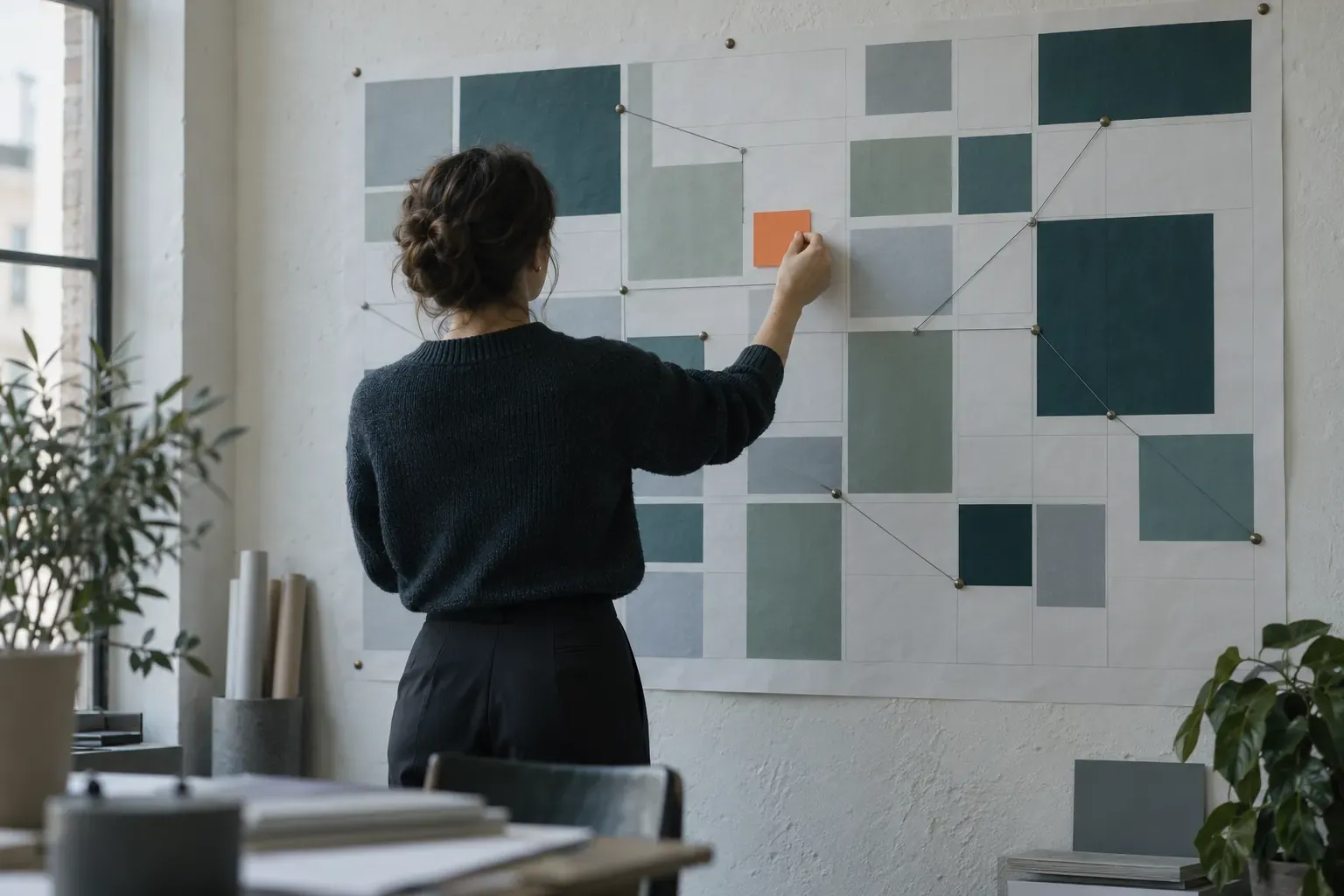 Grand planning imprimé épinglé au mur, blocs de couleur et fils, une personne de dos ajoute un bloc