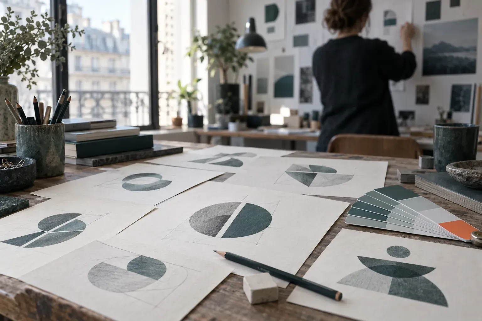 Table de graphiste : croquis de logos en formes géométriques, crayon, gomme et nuancier