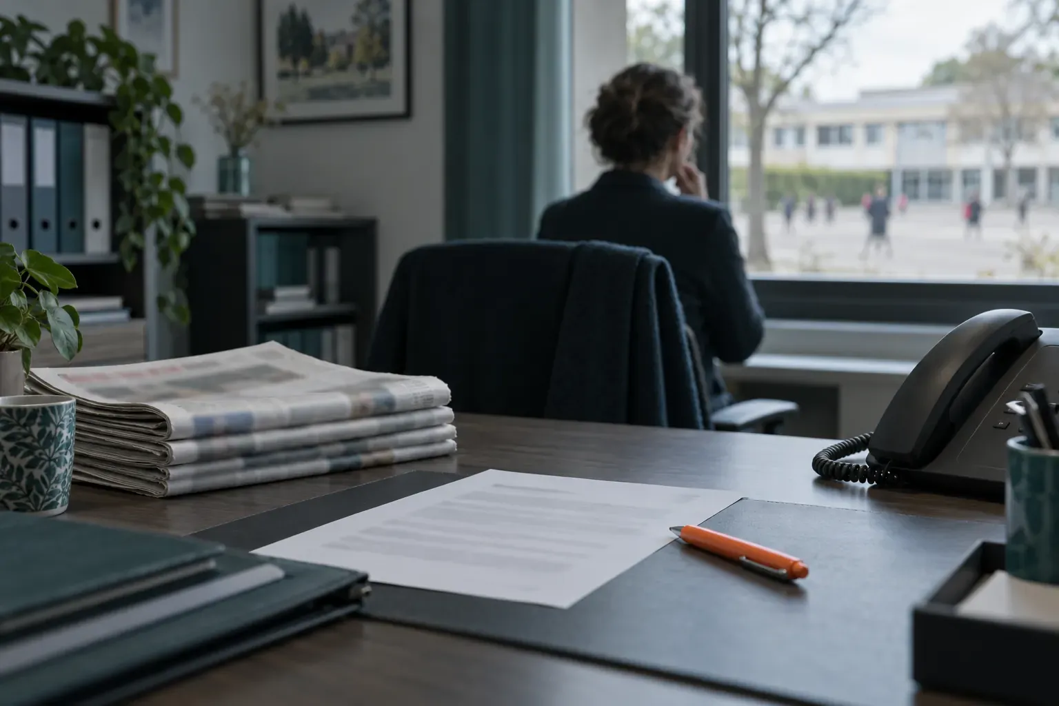 Bureau d’un chef d’établissement : pile de journaux locaux, communiqué de presse imprimé et téléphone