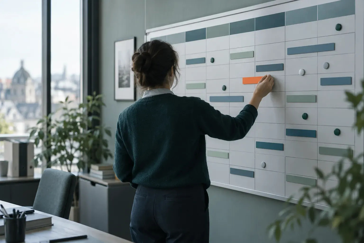 Tableau de planning mural par semaines, bandes de couleur aimantées, une personne de dos en déplace une