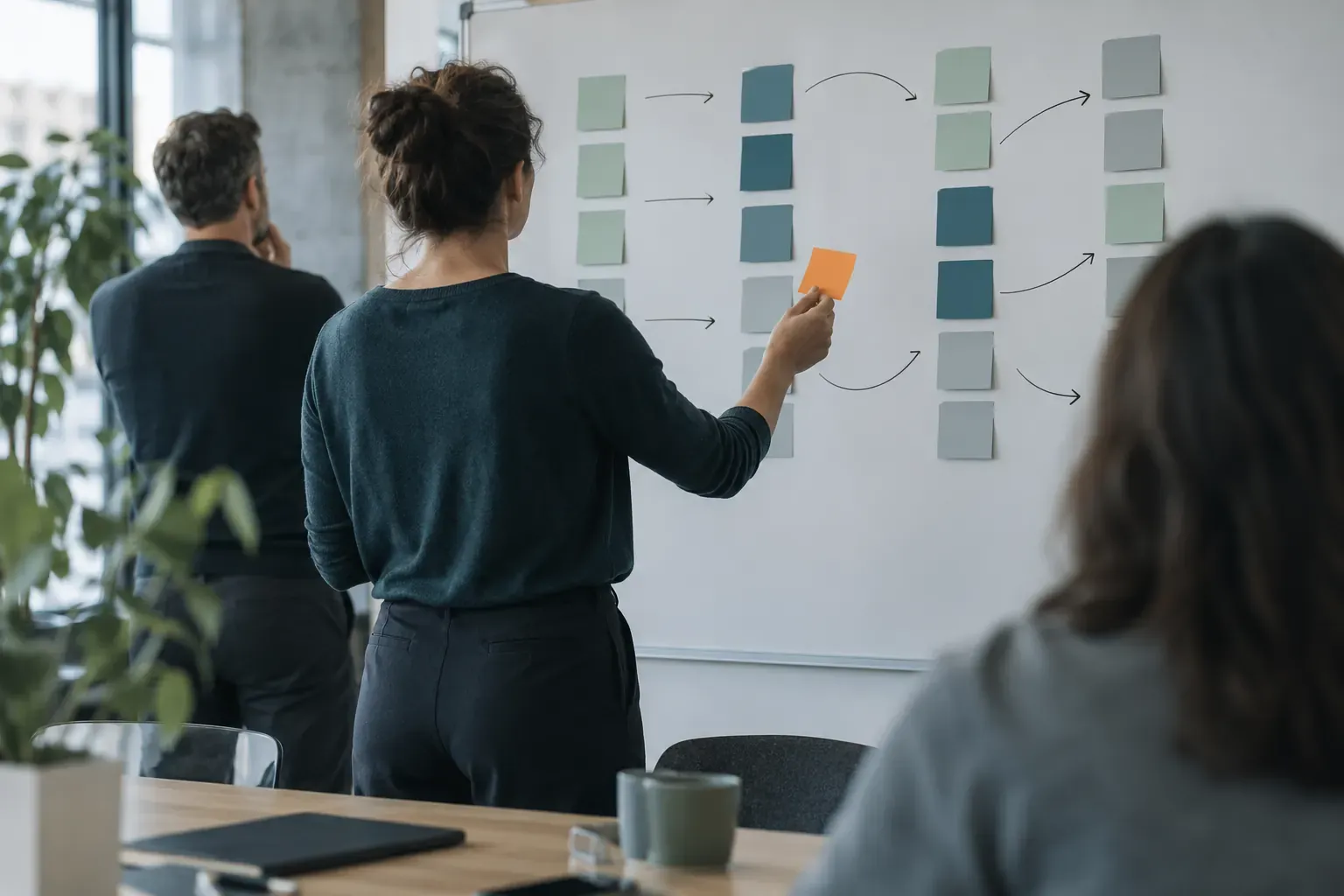 Tableau blanc couvert de notes adhésives en colonnes et de flèches, une personne de dos en tient une