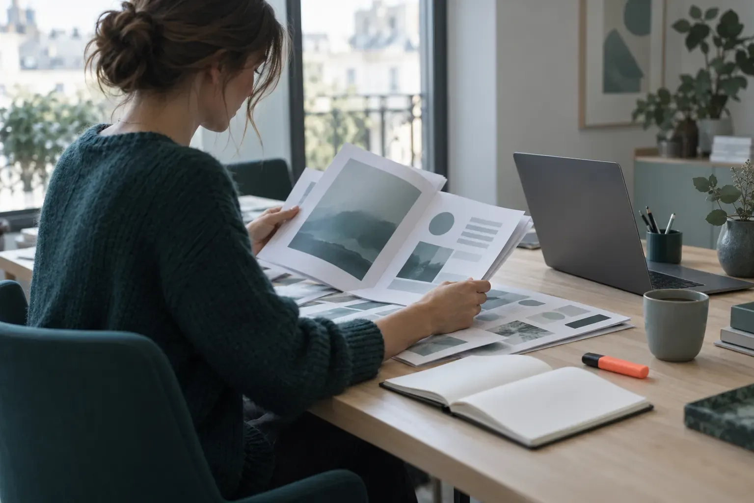 Bureau avec un brief imprimé, un rétroplanning et des épreuves annotées