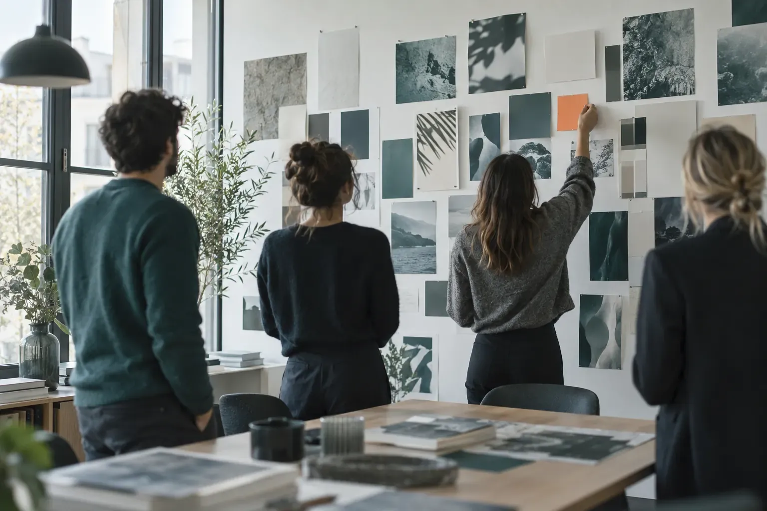 Atelier de brief dans une agence de communication : équipe devant un mur de planches de tendances