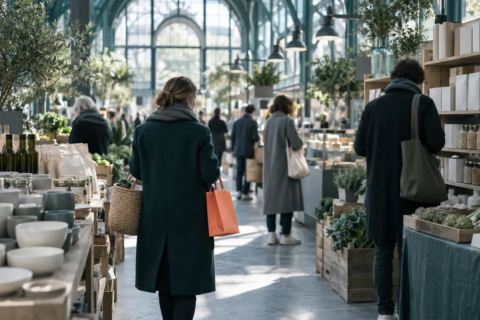 Clients de dos dans un marché couvert lumineux, paniers et produits sans étiquette