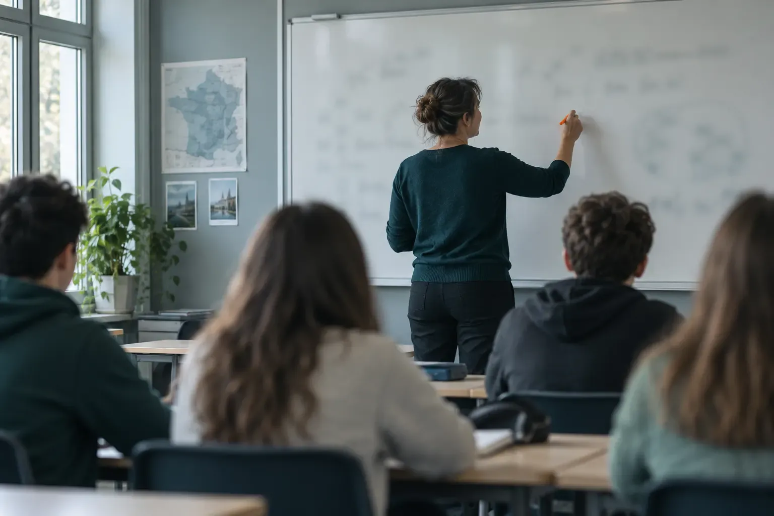 Enseignant de dos écrivant au tableau blanc dans une classe de collège, élèves de dos