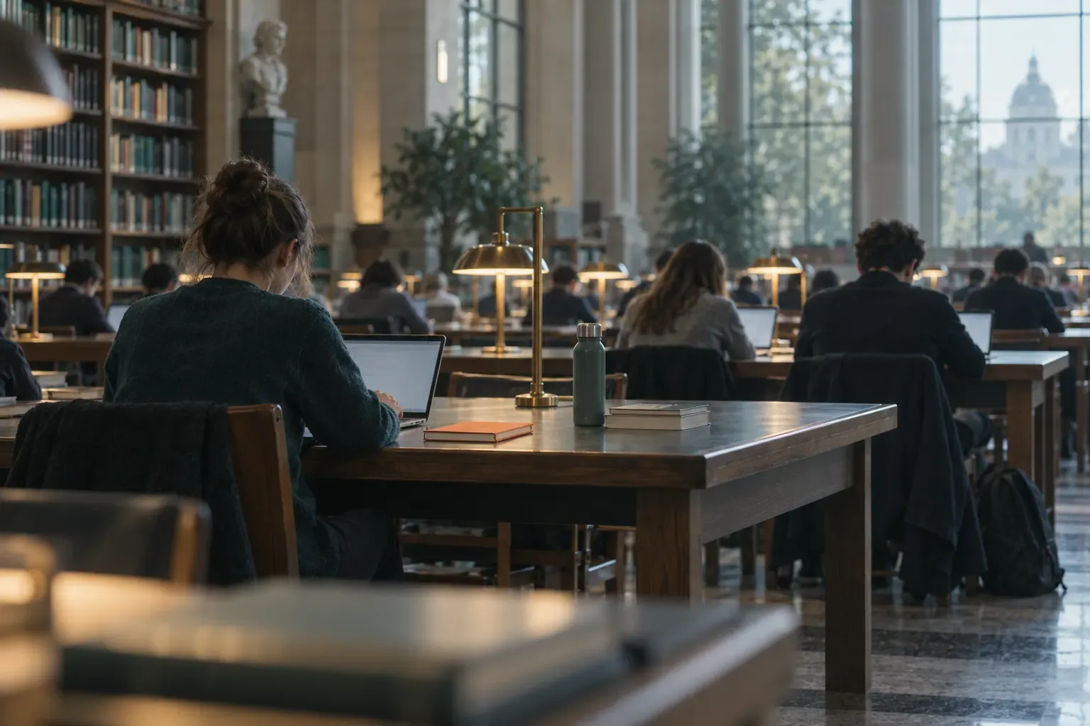 Étudiants au travail dans la grande salle de lecture d’une bibliothèque universitaire