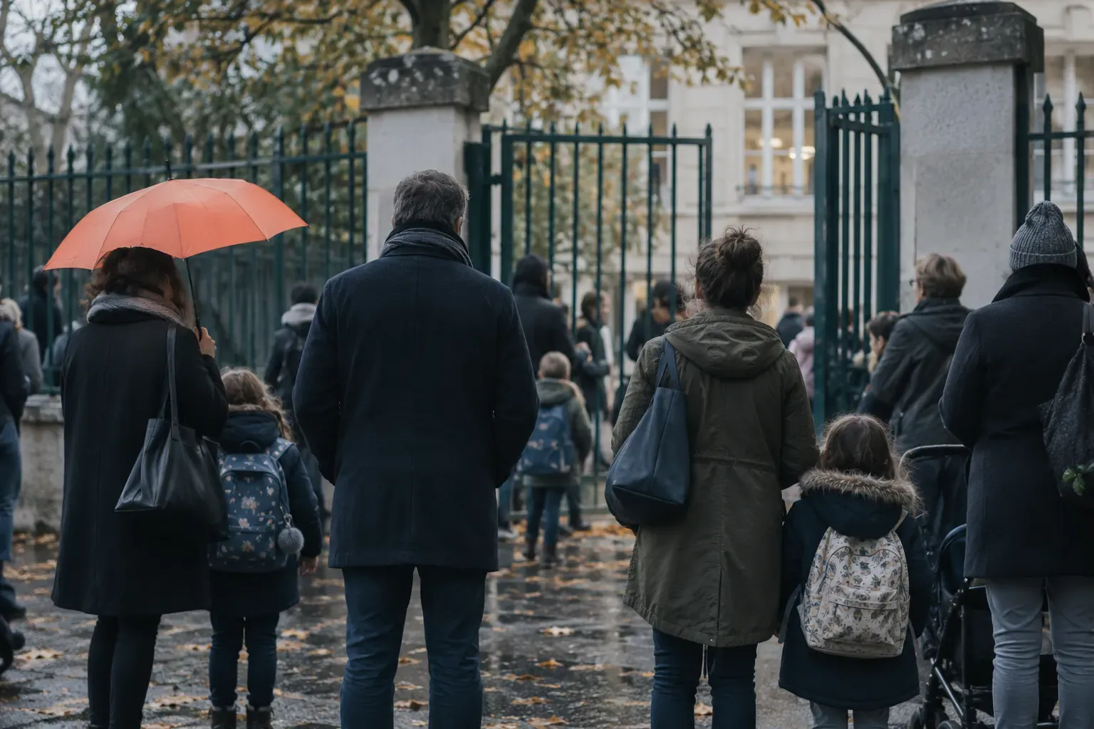 Parents de dos attendant à la grille d’une école primaire à l’heure de la sortie, lumière d’automne
