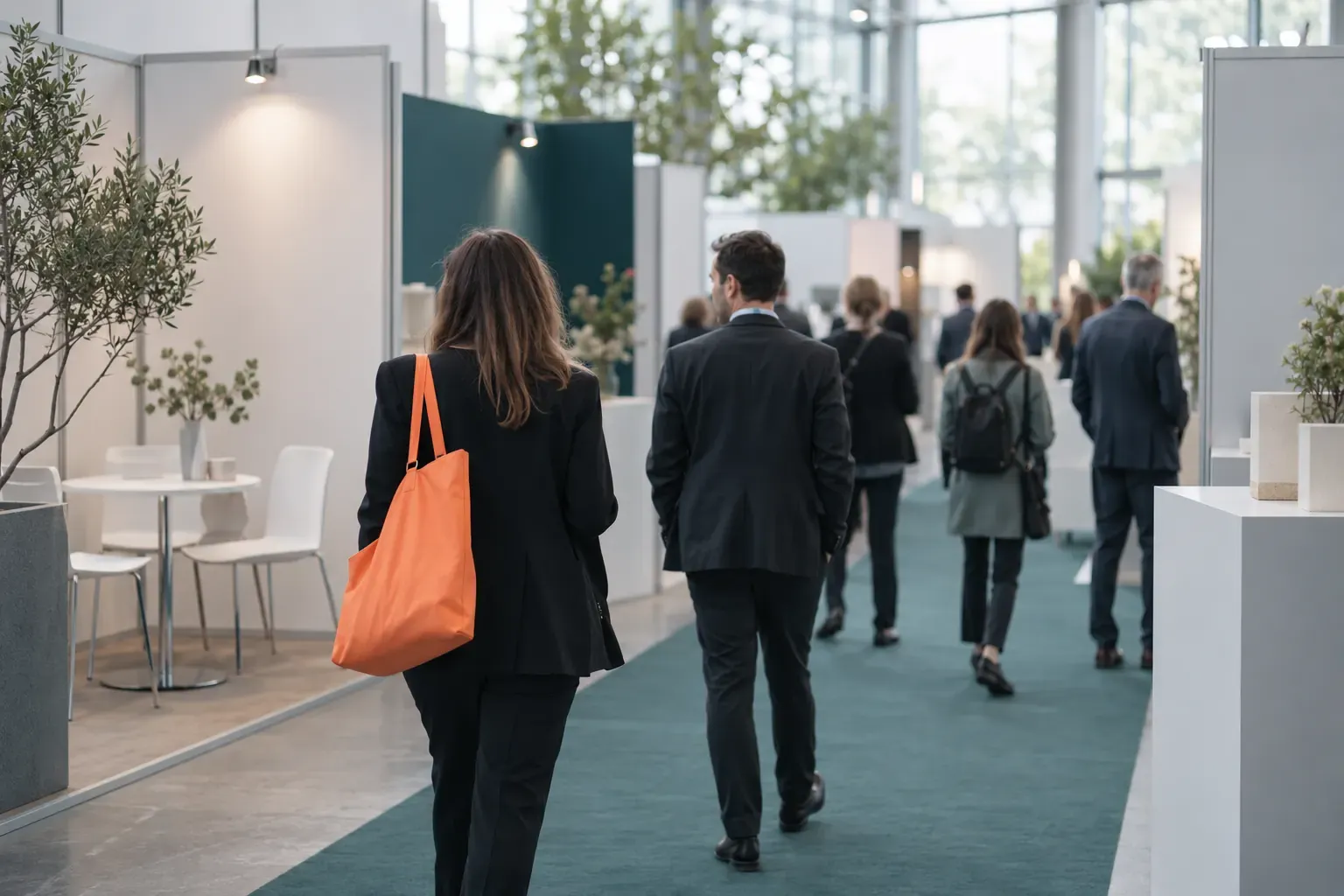 Allée d’un salon professionnel, visiteurs de dos devant des stands, badges autour du cou