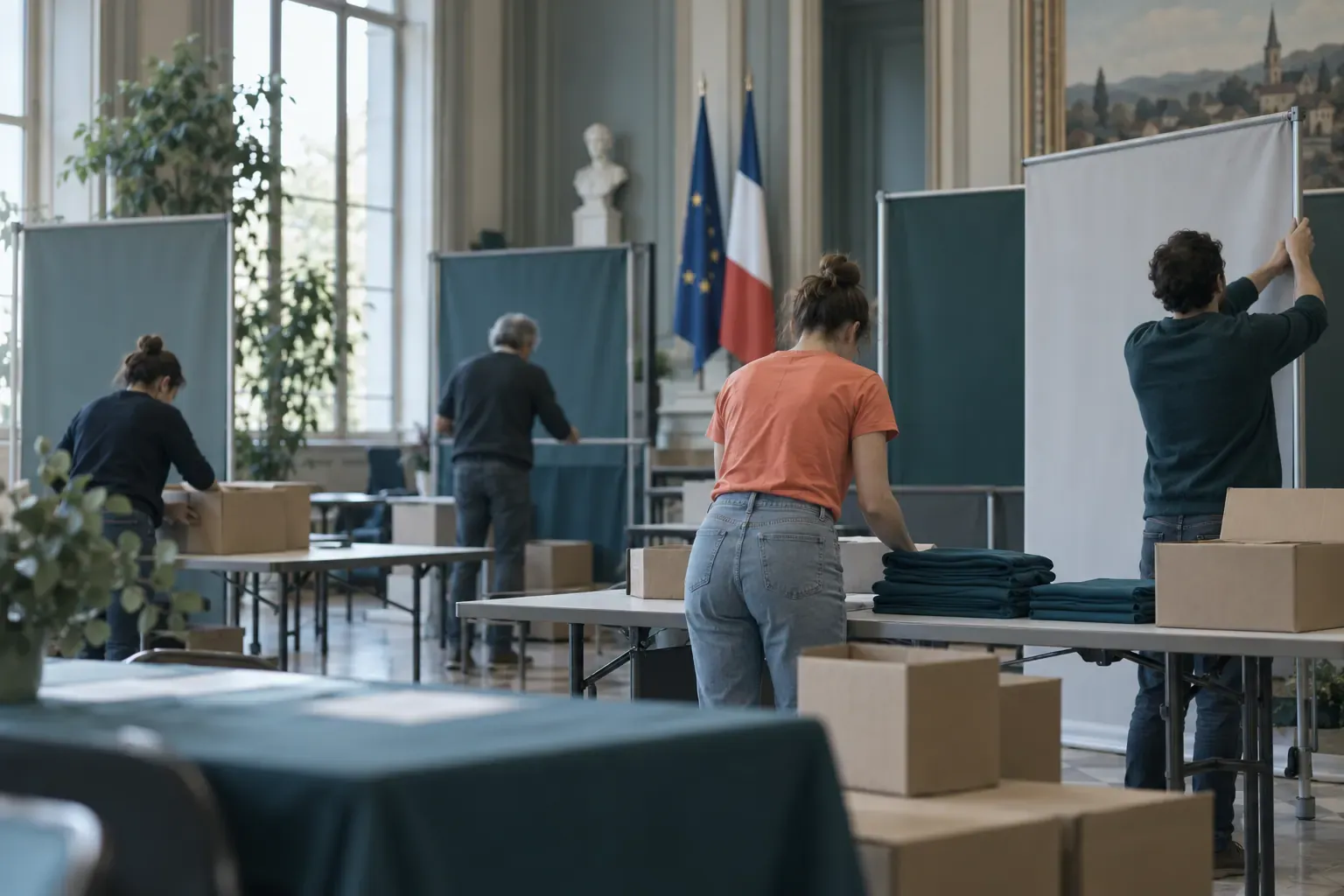 Bénévoles de dos installant un stand dans le hall d’une mairie : tables pliantes, cartons et banderoles