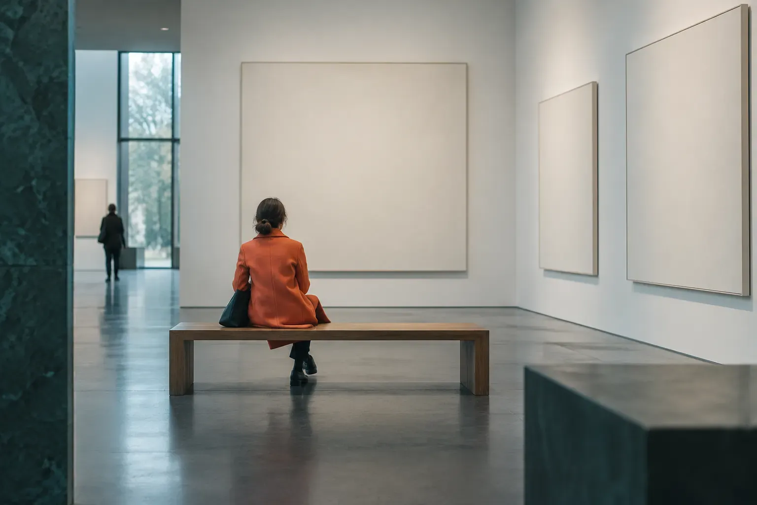 Galerie de musée aux toiles vierges sur des murs blancs, un visiteur assis sur un banc en bois