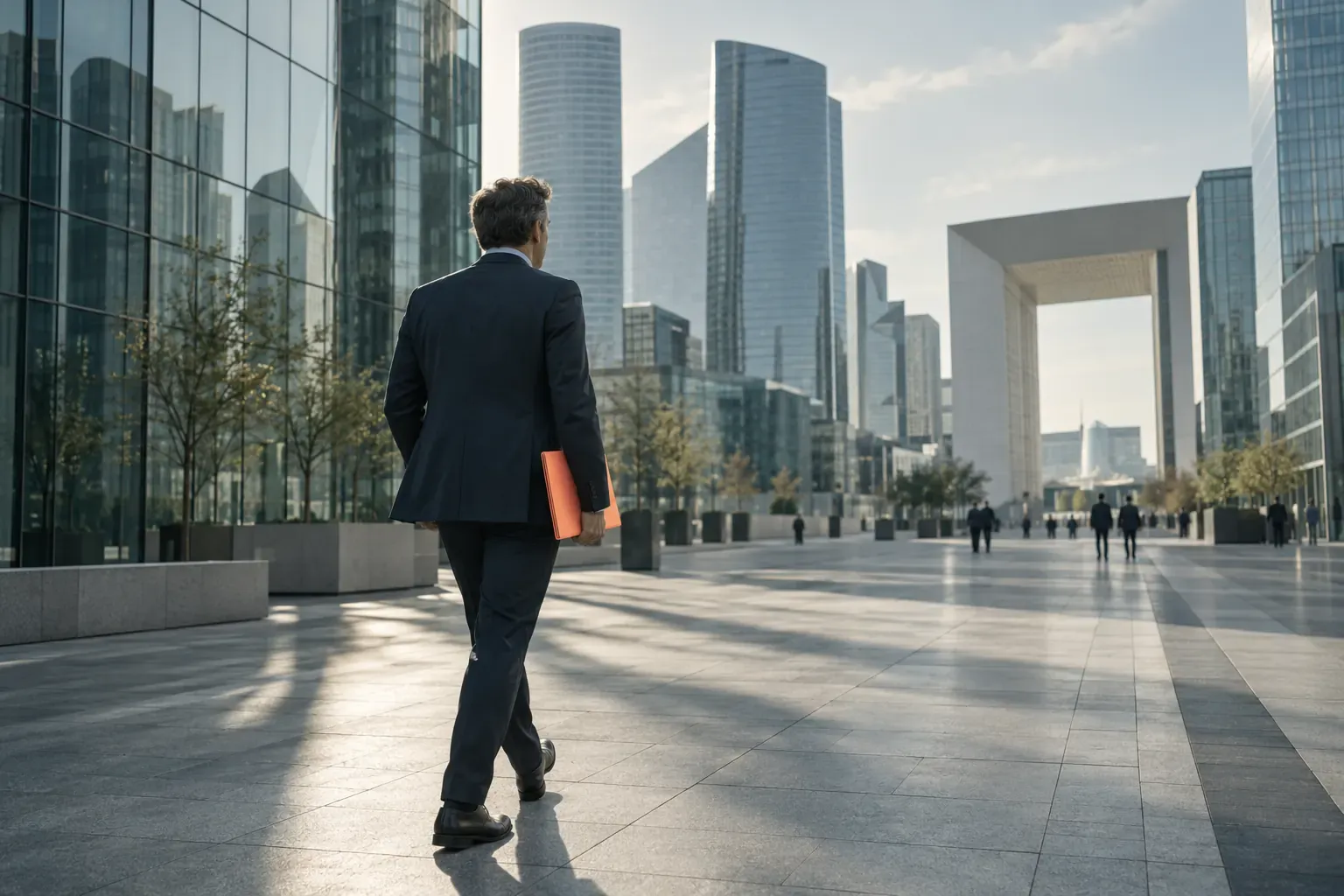 Place d’un quartier d’affaires aux tours de verre, une personne en costume marche un dossier à la main