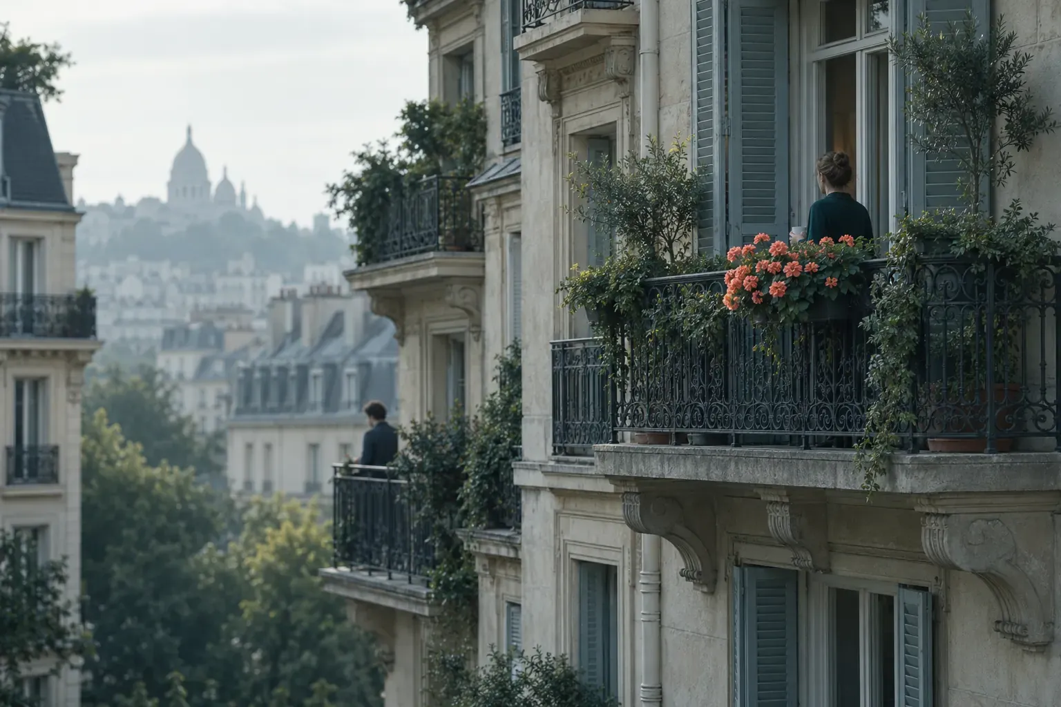 Façade d’immeuble français à balcons au matin, géraniums sur un balcon