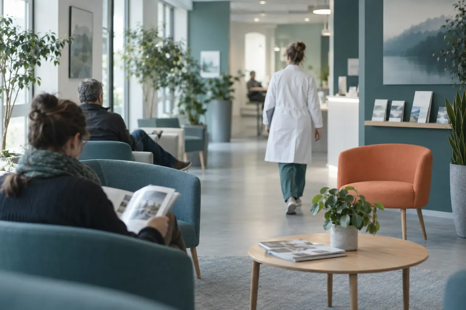 Salle d’attente d’un centre médical avec chaises et plantes, professionnel de santé en blouse blanche de dos
