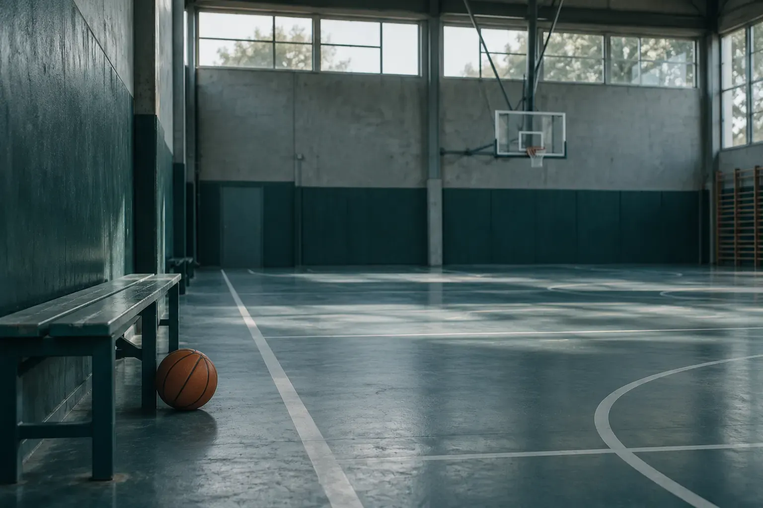 Gymnase vide avec terrain de basket, ballon posé près du banc, lumière des fenêtres hautes