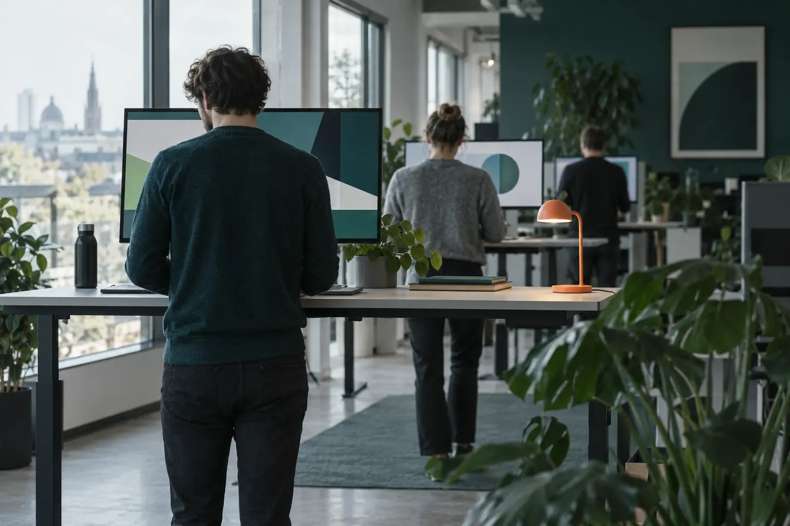 Bureau de start-up : développeurs de dos à des bureaux debout devant leurs écrans
