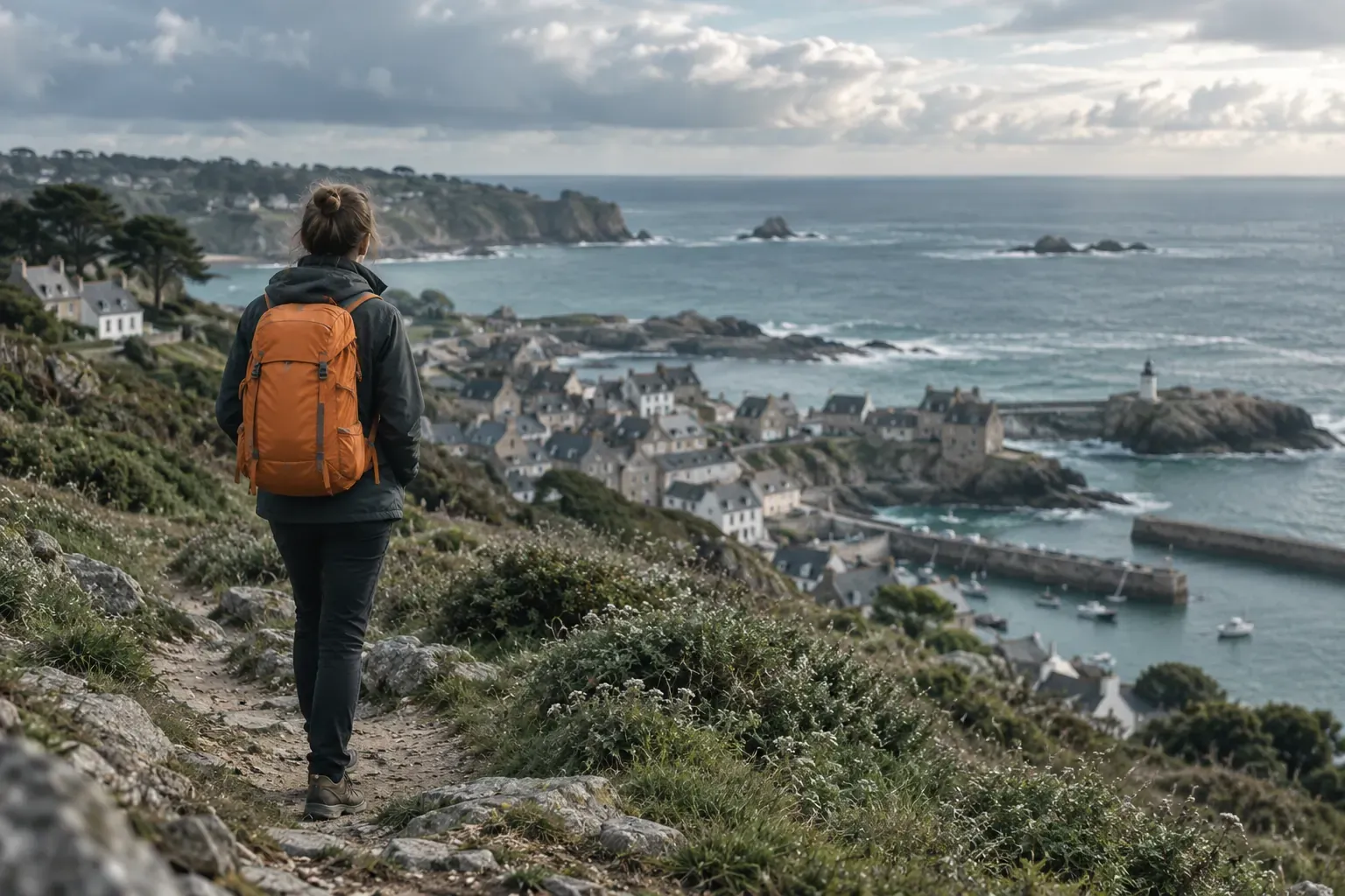 Randonneur avec sac à dos sur un sentier côtier dominant la mer et les rochers